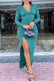 Zjkrl - Green Casual Daily Elegant Slit Solid Color Asymmetrical Collar Dresses