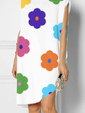 Zjkrl - Loose Short Sleeves Asymmetric Floral Printed Round-Neck Mini Dresses