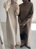 Zjkrl - Casual Long Sleeves Loose Solid Color High-Neck Sweater Dresses