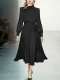 Zjkrl - Urban Puff Sleeves Belted Solid Color Midi Dresses