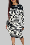 Zjkrl - White Elegant Striped Patchwork Tie-dye O Neck Printed Dress Dresses