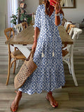 Zjkrl - Women'S Half Sleeve Floral Print  V Neck Casual Geometric Maxi Dress