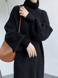 Zjkrl - Urban Loose Puff Sleeves Solid Color High-Neck Sweater Dresses