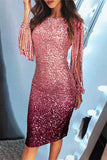 Zjkrl - Black Elegant Print Sequins O Neck Pencil Skirt Dresses