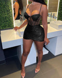 Zjkrl Contrast Mesh Bodycon Cami Sequin Dress