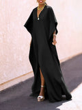 Zjkrl - Batwing Sleeves Loose Solid Color Split-Side V-Neck Maxi Dresses