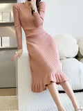 Zjkrl - Long Sleeves Loose Ruffled Solid Color Round-Neck Midi Dresses Sweater Dresses