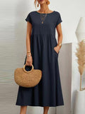 Zjkrl - Loose Short Sleeves Pleated Solid Color Round-Neck Midi Dresses