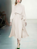 Zjkrl - Urban Puff Sleeves Belted Solid Color Midi Dresses