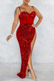 Zjkrl - Red Fashion Sexy Patchwork Sequins See-through Backless Spaghetti Strap Irregular Dress