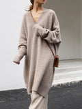 Zjkrl - Stylish Long Sleeves Loose Solid Color V-Neck Sweater Dresses