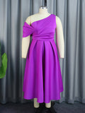 Zjkrl - Wrap Hollow Pleated Solid Color Zipper One-Shoulder Midi Dresses