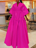 High Waisted Puff Sleeves Falbala Solid Color V-Neck Maxi Dresses