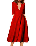 Zjkrl - New Sexy Deep V Mid Sleeve Dress Midi Dress Skater Dresses