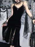 Sexy Spaghetti Strap Backless Velvet Woman Long Dress Gothic Cross Black Lace Patchwork Maxi Robe Harajuku Emo Partywear