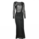 Zjkrl - Backless Black Maxi Dress Women Sexy High Waist Elegant Fashion Streetwear Casual Slim Round Collar Sequins Female Dress