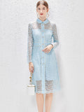 Zjkrl - Elegant Spring Hollow Out Lace Dresses for Women 2023 New Designer Long Sleeve Sexy Transparent Party Vestidos Blue Lady