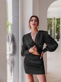 Zjkrl Sexy deep v neck bodycon dress Party club hollow out mini dress Elegant winter autumn chic lantern sleeve satin dress