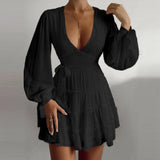 Zjkrl Sexy Low-Cut Ruffle Bow A-Line Women Dress Lantern Sleeve V-Neck Slim Style Fashion Party Club Dress Spring Female Clothing