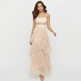 Summer Sling Long Lace Dress Women Hollow Stitching Sexy Bubble Dress Backless Sleeveless Plus Size White Party Elegant Clothes
