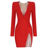 Zjkrl - 2023 New Summer New Women&#39;s Sexy V-neck Mesh Diamond Long Sleeve Bodycon Bandage Dress Fashion Celebrity Party Dress vestido