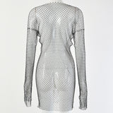 Zjkrl - Diamond Sexy Bodycon Dress Women Hollow Out Long Sleeve Mini Dress Summer See Through Party Vestidos Mujer Verano