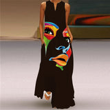 Ladies Spring Summer Long Dress Women Black Sleeveless V-neck Loose Party Dresses Casual Face Print Vintage Beach Dress