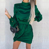 Zjkrl - Elegant Satin Solid Autumn Mini Dress Fashion Half High Neck Pleated Party Dress Casual Long Sleeve Slim A-line Dresses Vestidos