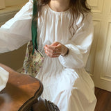 Simple Elegant Women Dress Autumn Chic O-neck Folds Puff Sleeve High Waist Solid Color Dresses Female Autumn Fashion