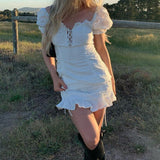 Zjkrl - Ruffles Vintage Dress Women Summer Ruched Elegant White Short Sleeve Ladies Dress Beach Party