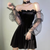 Zjkrl - Gothic Sexy Dress Vintage Off Shoulder Lantern Sleeve Mesh Patchwork Velvet Mini Dress Dark Street Black Dress for Female