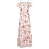 Zjkrl - Women Bohemian V Neck Summer Maxi Dress Butterfly Short Sleeve Floral High Split Long Dress Wrap High Waist Bandage Sundress