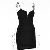 Spaghetti Strap Ruched Dress Women 2023 Spring Sexy Slim Elegant Clubwear Solid Sleeveless Backless Sheath Dress Female