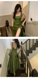 Zjkrl Korean Summer Satin Elegant Women Dress Casual Sexy Tank Backless Ruffle Split Maxi Party Lady Robe Femme Beach Mujer Vestidos