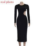 Zjkrl Fall Party Dresses For Women Sexy Black Cut Out Round Neck Long Dress Women Elegant Long Sleeve Club Party Spring Dresses Skinny Clothes