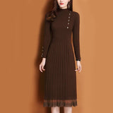 Zjkrl - Lace Hem Buttons Women Autumn Winter Sweater Knitted a line Dresses Ribbed Slim Elastic Long Sleeve Lady Bodycon Midi Dresses