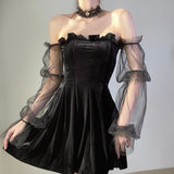 Zjkrl - Gothic Sexy Dress Vintage Off Shoulder Lantern Sleeve Mesh Patchwork Velvet Mini Dress Dark Street Black Dress for Female