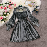 spring new female stand collar lantern sleeve sequins velvet with mesh A-line dresses women&#39;s beading elegant Dress