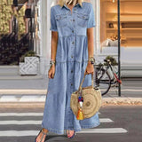 Zjkrl - 2023 Plus Size 3xl Women Summer Denim Dress Retro Women Short Sleeve Turn Down Collar Pockets Button Long Loose Denim Dress