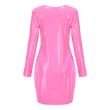 Zjkrl - 3XL Women Pencil Dress Bodycon Sexy Zipper V-neck Faux Leather Mini Dresses Long Sleeve Party Clubwear Latex Dress Vestido