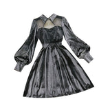 spring new female stand collar lantern sleeve sequins velvet with mesh A-line dresses women&#39;s beading elegant Dress