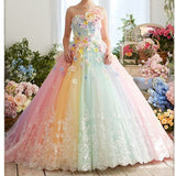 Zjkrl Pretty Colorful Rainbow Tutu Prom Dresses 3D Flower Lace Puffy Ball Gowns Vestido Formatura Abiye Ruffles Evening Gowns