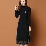Zjkrl - Lace Hem Buttons Women Autumn Winter Sweater Knitted a line Dresses Ribbed Slim Elastic Long Sleeve Lady Bodycon Midi Dresses