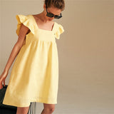 Square Collar Butterfly Sleeve Backless High Waist Loose Linen