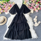 Zjkrl New Summer Women Dress Ruffled Short-sleeved Chiffon Dress V-neck Sexy Beach Long Dress Backless Cake Dresses Vestidos