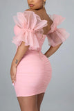 Solid Color Ruffle Mesh Sleeve Pretty Bandeau Mini Dress