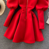 Zjkrl - Autumn Winter Puff Long Sleeve Dresses For Women Party Christmas Turtleneck Slim A-Line Elegant New Year Woman Red Dress