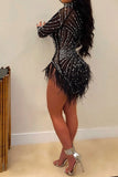Zjkrl Rhinestone & Beaded Decor Striking Tassel Irregular See-Through Mini Dress