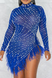 Zjkrl Rhinestone & Beaded Decor Striking Tassel Irregular See-Through Mini Dress