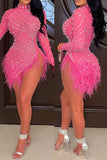 Zjkrl Rhinestone & Beaded Decor Striking Tassel Irregular See-Through Mini Dress